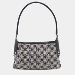 Salvatore Ferragamo Navy Blue Gancini Print Fabric and Leather Shoulder Bag