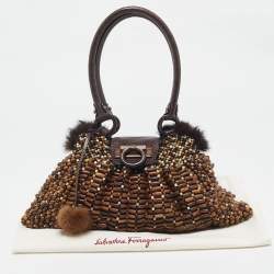 Pre Owned Salvatore Ferragamo Brown Wood Beaded and Lizard Shoulder Bag