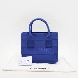 Pre Owned Salvatore Ferragamo Blue Logo Print Nylon Tote