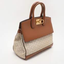 Salvatore Ferragamo Beige/Brown Canvas and Leather Medium The Studio Tote