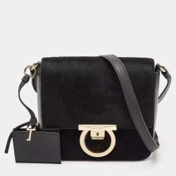 Salvatore Ferragamo Black Calf Hair and Leather Gancini Lock Shoulder Bag