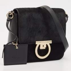 Salvatore Ferragamo Black Calf Hair and Leather Gancini Lock Shoulder Bag