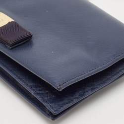 Salvatore Ferragamo Navy Blue Leather Vara Bow Flap Wallet On Chain