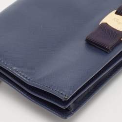 Salvatore Ferragamo Navy Blue Leather Vara Bow Flap Wallet On Chain