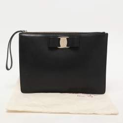 Salvatore Ferragamo Black Leather Vara Bow Wristlet Clutch