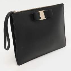 Salvatore Ferragamo Black Leather Vara Bow Wristlet Clutch
