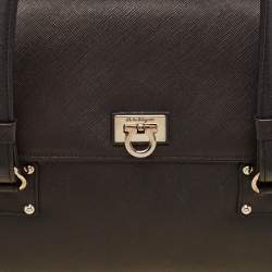 Pre Owned Salvatore Ferragamo Black Saffiano Leather Gancini Flap Satchel