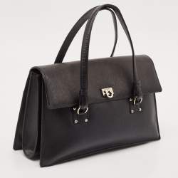 Pre Owned Salvatore Ferragamo Black Saffiano Leather Gancini Flap Satchel