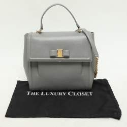 Pre Owned Salvatore Ferragamo Grey Leather Bow Top Handle Bag