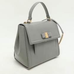 Pre Owned Salvatore Ferragamo Grey Leather Bow Top Handle Bag