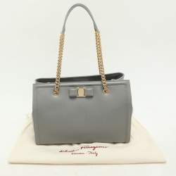 Salvatore Ferragamo Grey Leather Vara Bow Chain Tote