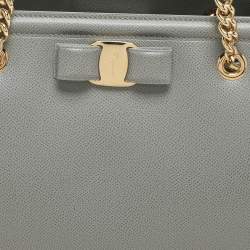 Salvatore Ferragamo Grey Leather Vara Bow Chain Tote