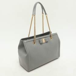 Salvatore Ferragamo Grey Leather Vara Bow Chain Tote