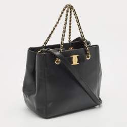 Pre Owned Salvatore Ferragamo Black Leather Vara Bow Chain Tote