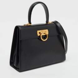 Salvatore Ferragamo Black Leather Iconic Gancini Flap Top Handle Bag