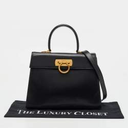 Salvatore Ferragamo Black Leather Iconic Gancini Flap Top Handle Bag
