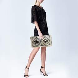 Pre Owned Salvatore Ferragamo Grey Snakeskin Flap Clutch