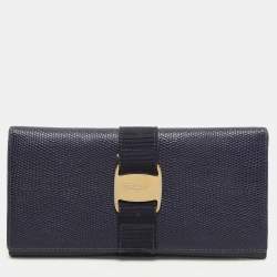 Salvatore Ferragamo Indigo Lizard Leather Vara Bow Continental Wallet