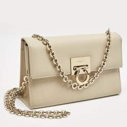 Pre Owned Salvatore Ferragamo Beige Leather Gancini Chain Clutch 