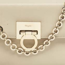 Pre Owned Salvatore Ferragamo Beige Leather Gancini Chain Clutch 