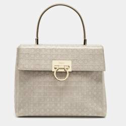 Salvatore Ferragamo Grey Signature Embossed Leather Gancini Top Handle Bag