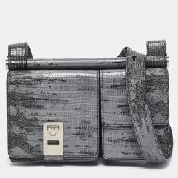 Salvatore Ferragamo Lilac/Black Lizard Embossed Leather Multi Pocket Flap Crossbody Bag