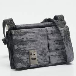 Salvatore Ferragamo Lilac/Black Lizard Embossed Leather Multi Pocket Flap Crossbody Bag