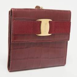 Salvatore Ferragamo Red Croc Embossed Leather Vara Bow French Wallet