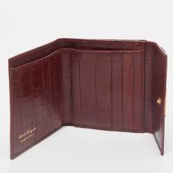 Salvatore Ferragamo Red Croc Embossed Leather Vara Bow French Wallet