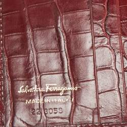 Salvatore Ferragamo Red Croc Embossed Leather Vara Bow French Wallet