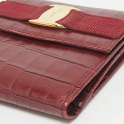 Salvatore Ferragamo Red Croc Embossed Leather Vara Bow French Wallet
