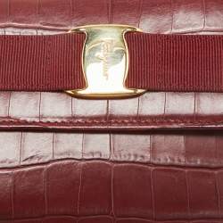 Salvatore Ferragamo Red Croc Embossed Leather Vara Bow French Wallet