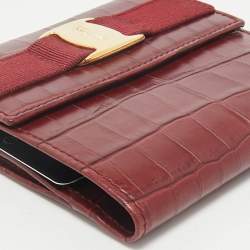 Salvatore Ferragamo Red Croc Embossed Leather Vara Bow French Wallet