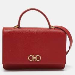Salvatore Ferragamo Red Leather Mini Gancini Top Handle Bag