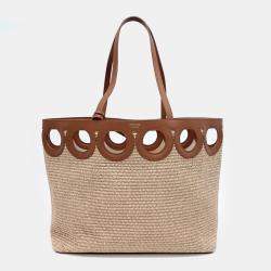 Salvatore Ferragamo Beige Brown Raffia Raffia Gancini Outline Tote Bag Large