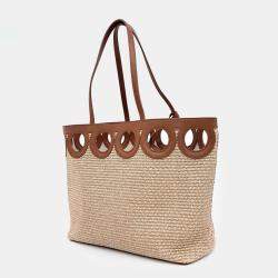 Salvatore Ferragamo Beige Brown Raffia Raffia Gancini Outline Tote Bag Large