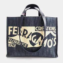 Salvatore Ferragamo Navy Blue Denim denim logo tote and shoulder bag large