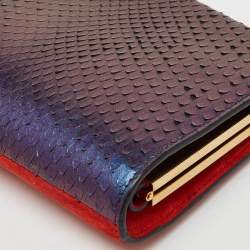Pre Owned Salvatore Ferragamo Red/Iridescent Blue Suede and Python Leather Clutch