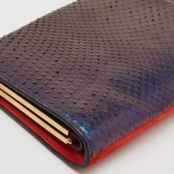 Pre Owned Salvatore Ferragamo Red/Iridescent Blue Suede and Python Leather Clutch
