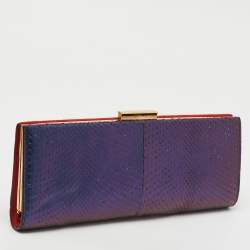 Pre Owned Salvatore Ferragamo Red/Iridescent Blue Suede and Python Leather Clutch