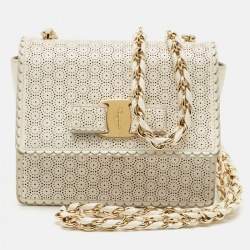 Pre Owned Salvatore Ferragamo White Perforated Leather Mini Vara Ginny Shoulder Bag
