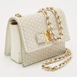 Pre Owned Salvatore Ferragamo White Perforated Leather Mini Vara Ginny Shoulder Bag