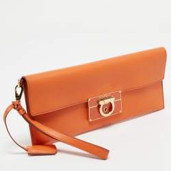 Salvatore Ferragamo Orange Leather Afef Lock Story Wristlet Clutch