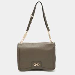 Salvatore Ferragamo Dark Beige Leather Gancini Flap Shoulder Bag