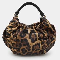 Salvatore Ferragamo Brown Leopard Print Nylon Vara Bow Hobo