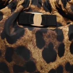 Pre Owned Salvatore Ferragamo Brown Leopard Print Nylon Vara Bow Hobo