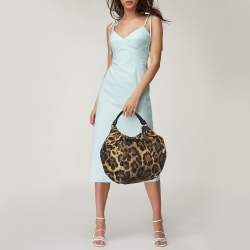 Pre Owned Salvatore Ferragamo Brown Leopard Print Nylon Vara Bow Hobo