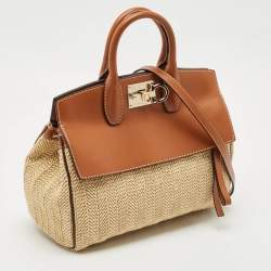 Pre Owned Salvatore Ferragamo Brown/Beige Raffia and Leather Studio Tote