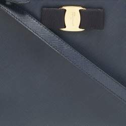Pre Owned Salvatore Ferragamo Navy Blue Leather Vara Bow Tote