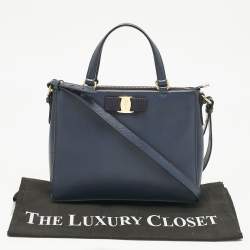 Pre Owned Salvatore Ferragamo Navy Blue Leather Vara Bow Tote